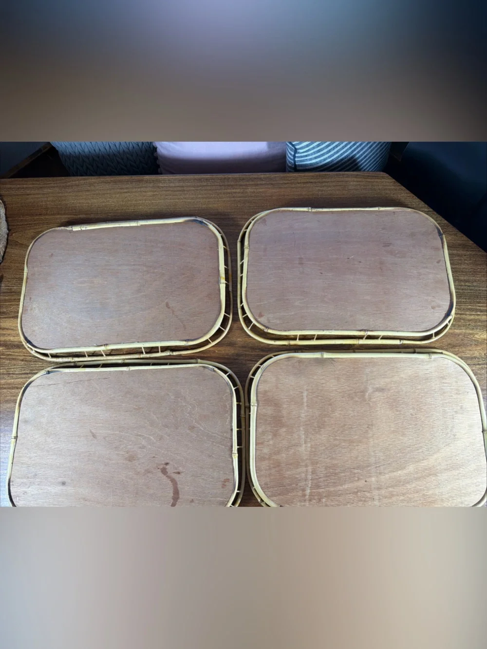 Vintage Natural Woven Bamboo Serving Trays - Set of 4